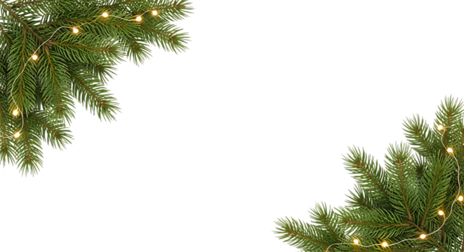 Christmas frame with fir branches and christmas lights isolated on transparent background