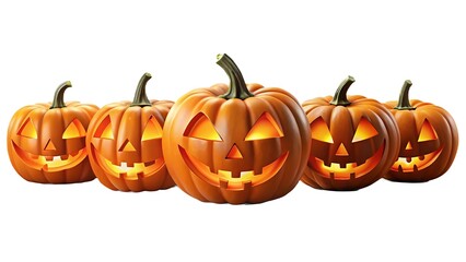 Fototapeta premium Five jackolanterns isolated on white background, glowing with spooky smiles