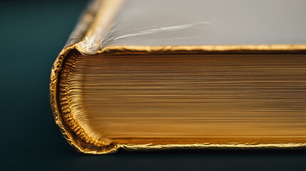 Gilded Book Edge: A close-up captures the intricate gold-leafed edge of a book, exuding luxury and timeless knowledge. Perfect for scholarly or artistic themes.