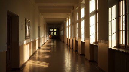 University corridor with sunlight streaming through windows