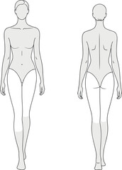 Female fashion body template front and back view, vector outline sketch, model figure for clothing design, garment fitting illustration, fashion