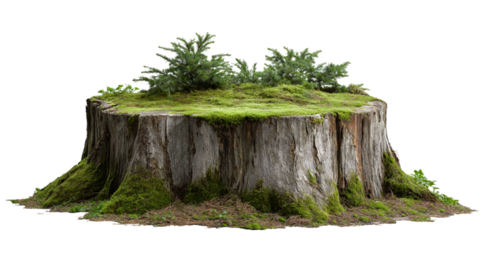 Mossy Tree Stump with Young Pine Sprouts green moss isolated on a transparent background