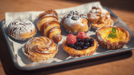 Tray with assorted pastries on bakery paper shallow depth photo