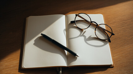 Top down flat lay of study desk with blank notebook and stationery