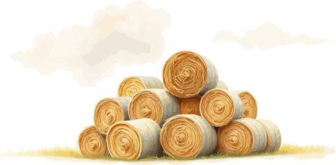 Watercolor vector illustration a haystack in a field.