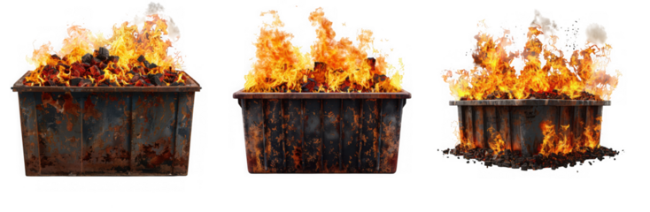 Three dumpster on fire, showcasing the destructive power of flames and the aftermath of uncontrolled combustion isolated on transparent background