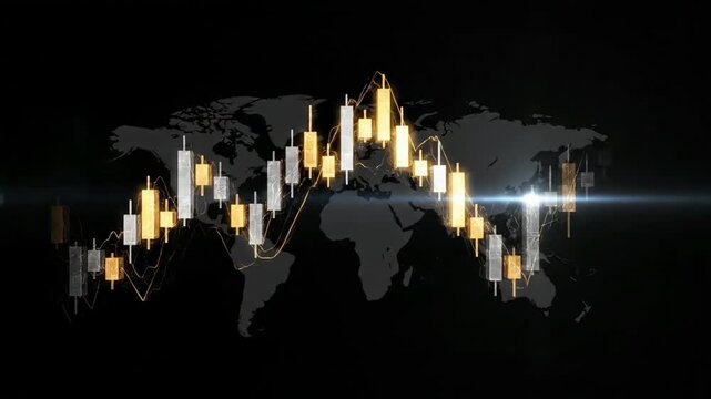Elegant Candlestick Charts Highlighting Data on a Global Map