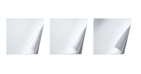 Three white paper sheets with curled corners on white background isolated on a transparent background