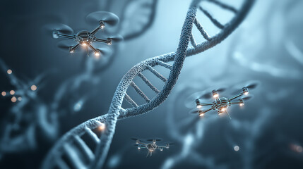 DNA strands surrounded by glowing nano-drones, high-tech molecular environment, floating microscopic robots, luminous genetic networks, advanced biotechnology scene, intricate cellular patterns