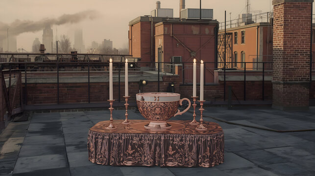 Rooftop candlelit dinner setting with cityscape background