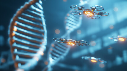 DNA strands surrounded by glowing nano-drones, high-tech molecular environment, floating microscopic robots, luminous genetic networks, advanced biotechnology scene, intricate cellular patterns