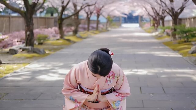 A serene moment of a woman in a traditional kimono, praying amidst blooming cherry blossoms in a tranquil garden