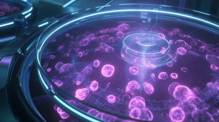 Futuristic DNA editing chamber with luminous cellular patterns, glowing double helix strands, floating molecular structures, high-tech genetic environment, advanced biotechnology scene, futuristic lab