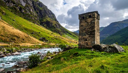 Mountain valley with ancient tower