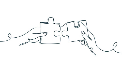 Vector continuous line illustration of hands connect puzzle. Teamwork solutions, cooperation business strategy concept