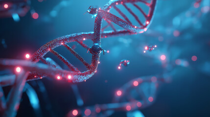 DNA strands surrounded by glowing nano-drones, high-tech molecular environment, floating microscopic robots, luminous genetic networks, advanced biotechnology scene, intricate cellular patterns