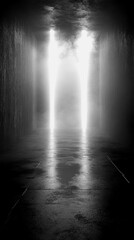Mysterious corridor with light beams and fog effects at night