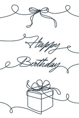 Vector continuous line illustration of gift box, bow, Happy Birthday lettering. Design for greeting card, party poster