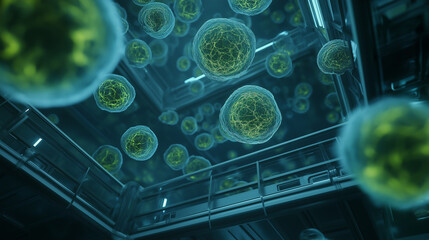 Futuristic bioreactor filled with glowing cellular structures, floating DNA strands, high-tech biotechnology environment, luminous molecular patterns, advanced genetic networks, radiant bioelements