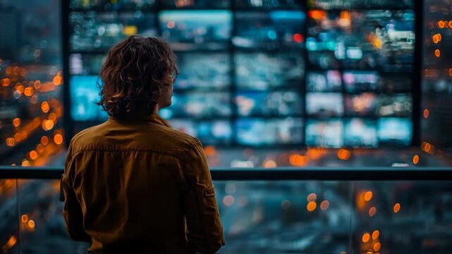 Young Man Turns to Watch a Wall of Screens in a Futuristic Control Room Overlocking a Dazzling City at Night
