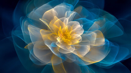 Abstract flower illustration features vibrant colors and soft glowing effects, creating an ethereal atmosphere with a dark background