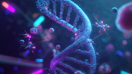 DNA strands surrounded by glowing nano-drones, high-tech molecular environment, floating microscopic robots, luminous genetic networks, advanced biotechnology scene, intricate cellular patterns