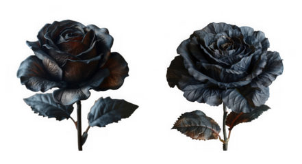 Two black roses with a velvety texture and dark, mysterious allure, their petals glistening with subtle shimmer, isolated on transparent background