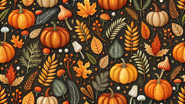 Autumnal harvest pattern with pumpkins, mushrooms, and fall foliage design