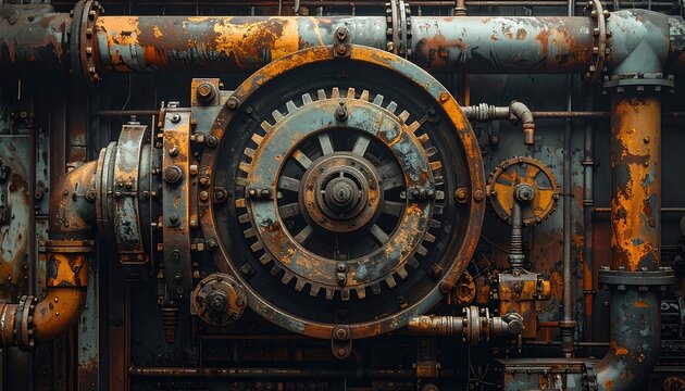 Rusty industrial machinery, gears, pipes