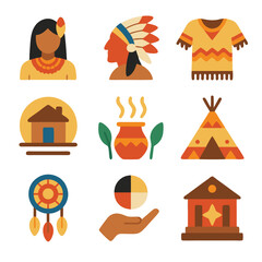 American indian heritage flat icons showcasing diverse native american culture items celebrate rich traditions.