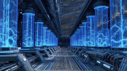 Cyber-biological hybrid cells with neon energy flow, glowing molecular structures, futuristic cellular environment, advanced biotechnology, floating DNA strands, luminous genetic patterns