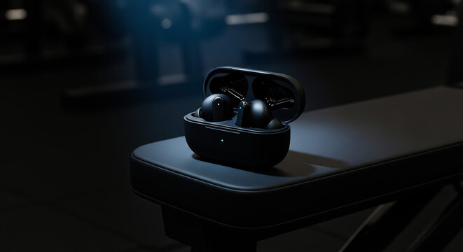 matte black bluetooth earphones with open charging case, isolated fitness setting, realistic mockup design