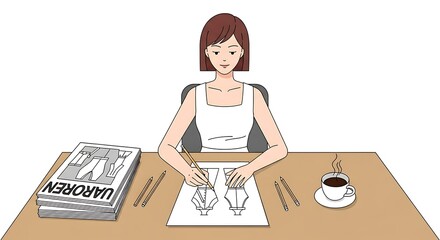 Female Dressmaker Sketching Fashion Design Vector Illustration