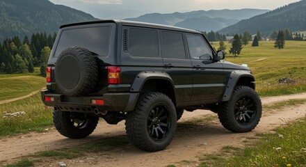 Rugged black off road suv with large tires parked on a dirt road in a scenic mountain landscape isolated on white background