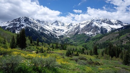   A breathtaking view of mountain range with meadow & wildflowers in fg