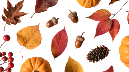 Autumn harvest elements including pumpkins acorns pinecones and colorful leaves scattered on a transparent background isolated on transparent background