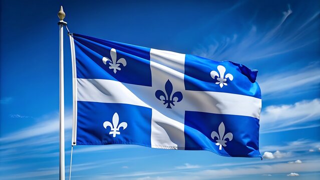 Quebec flag waving proudly against a vibrant blue sky with wispy clouds