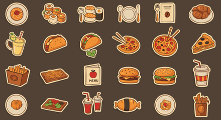 Collection of Delicious Fast Food and Drinks Icons, Including Pizza, Burgers, Tacos, and More