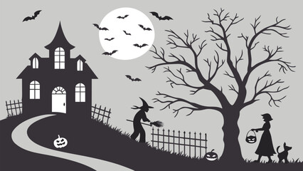 Halloween doodle silhouette with pumpkins, ghosts, candies, bats, coffins, spiders, spider webs, bones, and spooky elements in minimal black outline style isolated on light background