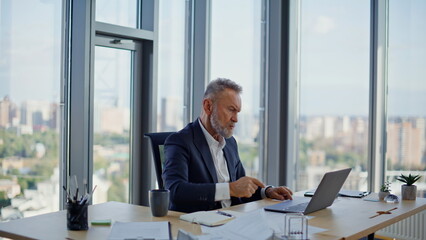 Fototapeta premium Boss complaining video call dissatisfied result in financial company office. 