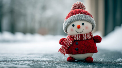 Charming snowman figure dressed in red scarf and hat, standing on snow-covered ground, evoking a festive winter atmosphere