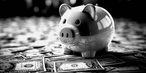Piggy bank with money spread across a table during a savings session