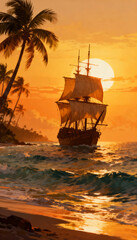A painting of a ship sailing near a tropical island at sunset with palm trees and golden light