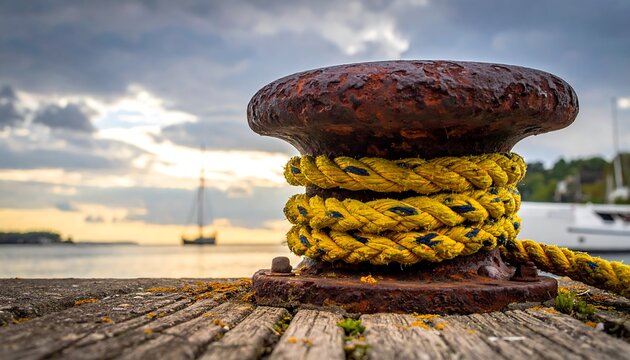 Rusty mooring bollard with yellow rope on a wooden dock - Powered by Adobe
