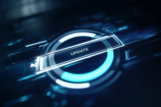The image shows an updating interface, with a circular loading bar and the word "UPDATE" displayed, against a dark and techy background. - Powered by Adobe