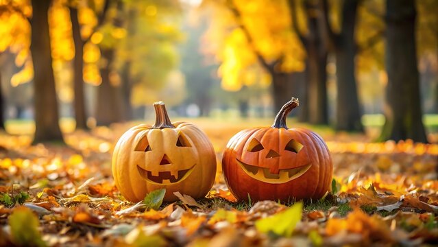 Two carved pumpkins in a park with autumn foliage in the background - Powered by Adobe