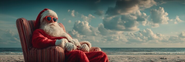 Santa relaxing on a beach in festive attire during holiday season under a bright sky