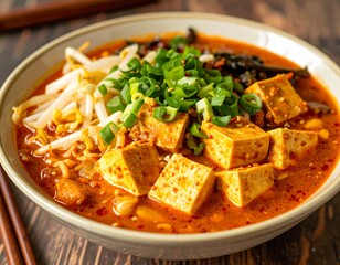 Spicy tofu ramen with bean sprouts