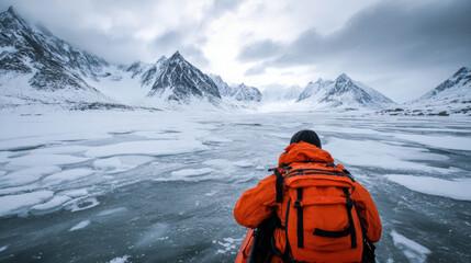 Individual in vibrant orange jacket is navigating icy terrain surrounded by towering snow-capped mountains and a serene atmosphere
