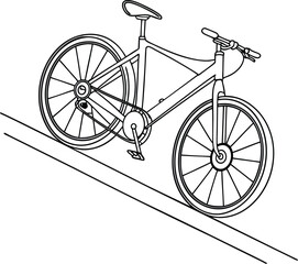 Bicycle on Inclined Plane, Black and White Line Drawing with Detailed Frame and Sloped Surface